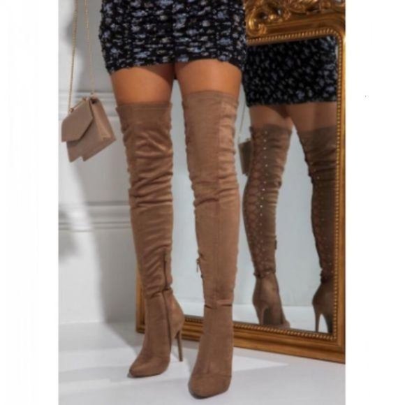 Shoes - Stretchy Over the Knee Lace Up Boots in Taupe